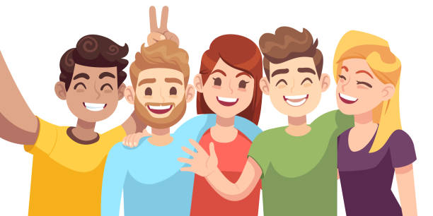 People group selfie. Guy takes group photo with smiling friends on smartphone in hands vector cartoon friendly characters People group selfie. Guy takes group photo with smiling friends on smartphone in hands vector cartoon friendly taking shooting self young portrait characters friends laughing stock illustrations