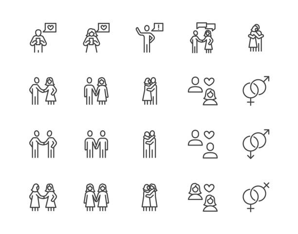 Relationship flat line icons set. Acquaintance, hug, romantic dating, gay, lesbian couple vector illustrations. Outline signs of man woman, LGBT love relations. Pixel perfect 64x64. Editable Strokes Relationship flat line icons set. Acquaintance, hug, romantic dating, gay, lesbian couple vector illustrations. Outline signs of man woman, LGBT love relations. Pixel perfect 64x64. Editable Strokes. man gay stock illustrations