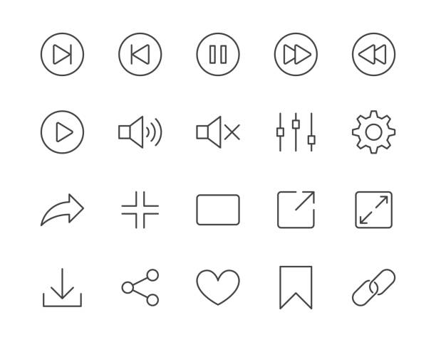 ilustrações de stock, clip art, desenhos animados e ícones de media player simple flat line icons set. play button, expand, full screen, download, sound, bookmark vector illustrations. outline signs for multimedia interface. pixel perfect 64x64. editable stroke - the way forward audio