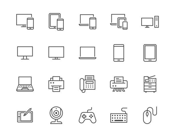 ilustrații de stoc cu dispozitive set de pictograme cu linie plană. pc, laptop, computer, smartphone, desktop, office copy machine ilustrații vectoriale. schițați semnele minime pentru stocarea electronică. pixel perfect 64x64. contururi editabile - magazin de electronice