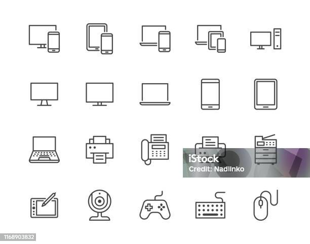 Devices Flat Line Icons Set Pc Laptop Computer Smartphone Desktop Office Copy Machine Vector Illustrations Outline Minimal Signs For Electronic Store Pixel Perfect 64x64 Editable Strokes Stock Illustration - Download Image Now