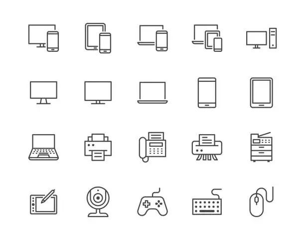 Vector illustration of Devices flat line icons set. Pc, laptop, computer, smartphone, desktop, office copy machine vector illustrations. Outline minimal signs for electronic store. Pixel perfect 64x64. Editable Strokes