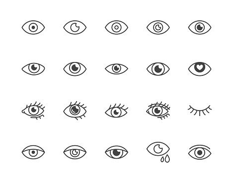 Eye flat line icons set. Tired eyes, vision, eyesight, makeup simple vector illustrations. Outline signs for visibility concept, optometrist clinic. Pixel perfect 64x64. Editable Strokes.