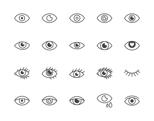 眼睛平面圖標設置。疲憊的眼睛，視力，視力，化妝簡單的向量插圖。概述可見度概念標誌，視光師診所。圖元完美 64x64。可編輯描邊 - 眼睛 插圖 幅插畫檔、美工圖案、卡通及圖標