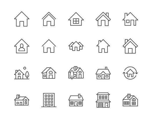 domy płaskie ikony linii zestaw. przycisk strony głównej, budynek mieszkalny, domek wiejski, ilustracje wektorowe mieszkania. zarys prostych znaków dla nieruchomości. pixel doskonały 64x64. edytowalne obrysy - dom stock illustrations