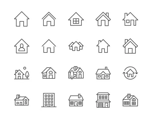 Vector illustration of Houses flat line icons set. Home page button, residential building, country cottage, apartment vector illustrations. Outline simple signs for real estate. Pixel perfect 64x64. Editable Strokes