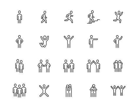 People flat line icons set. Person walking, running, jumping, climbing stairs, happy man, company leader, friends hugs vector illustrations. Human outline signs. Pixel perfect 64x64. Editable Strokes.