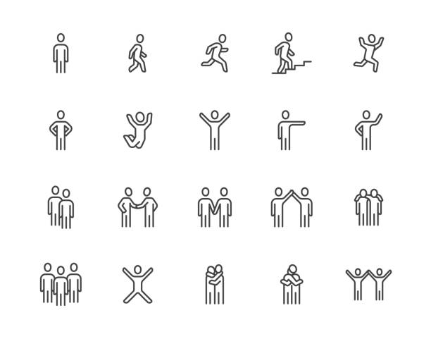 People flat line icons set. Person walking, running, jumping, climbing stairs, happy man, company leader, friends hugs vector illustrations. Human outline signs. Pixel perfect 64x64. Editable Strokes People flat line icons set. Person walking, running, jumping, climbing stairs, happy man, company leader, friends hugs vector illustrations. Human outline signs. Pixel perfect 64x64. Editable Strokes. walking icons stock illustrations