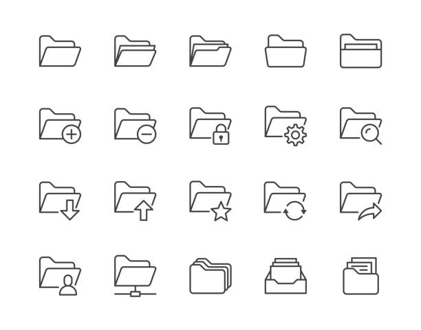 Folders flat line icons set. File catalog, document search, folder synchronization, local network vector illustrations. Outline minimal signs for web site. Pixel perfect 64x64. Editable Strokes Folders flat line icons set. File catalog, document search, folder synchronization, local network vector illustrations. Outline minimal signs for web site. Pixel perfect 64x64. Editable Strokes. file stock illustrations