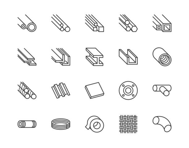 Stainless steel flat line icons set. Metal sheet, coil, strip, pipe, armature vector illustrations. Outline signs for metallurgy products, construction industry. Pixel perfect 64x64. Editable Strokes Stainless steel flat line icons set. Metal sheet, coil, strip, pipe, armature vector illustrations. Outline signs for metallurgy products, construction industry. Pixel perfect 64x64. Editable Strokes. rebar production stock illustrations