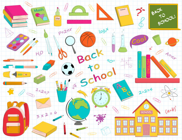 Vector set of multicolour school supplies and stationery. Vector set of multicolour school supplies and stationery. Bundle of accessories for lessons, items for education of smart pupils and students isolated on white background. Colorful hand drawn illustration clipart of school supplies stock illustrations