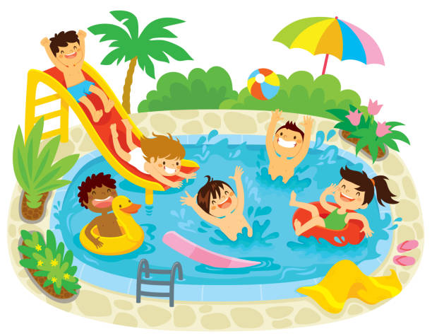 수영장에서 놀고있는 아이들 - swimming pool party summer beach ball stock illustrations