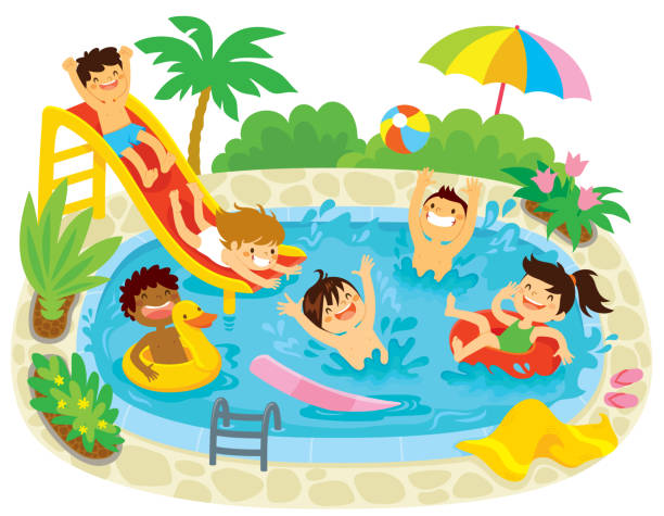 ilustrações de stock, clip art, desenhos animados e ícones de kids playing in a swimming pool - swimming pool party summer beach ball