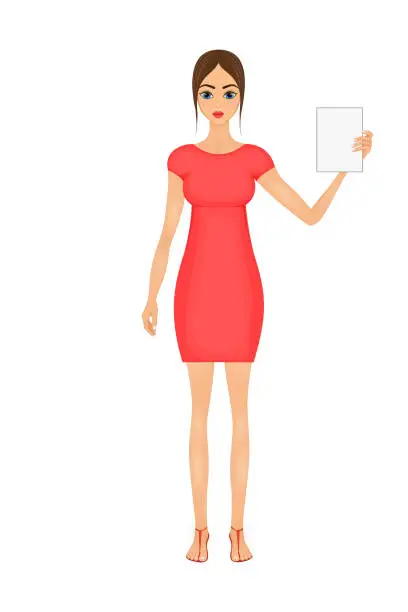 Vector illustration of illustration of cute cartoon business woman in a red dress with a sign
