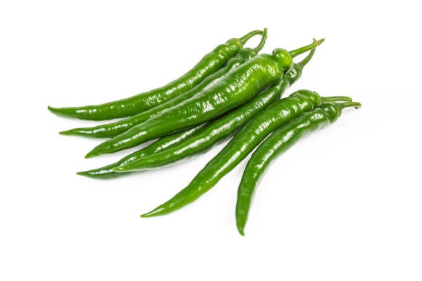 istock Fresh green chili peppers on a white background 1168910161