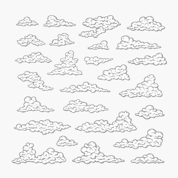 ilustraciones, imágenes clip art, dibujos animados e iconos de stock de conjunto de nubes dibujadas a mano - white mid air rain wind