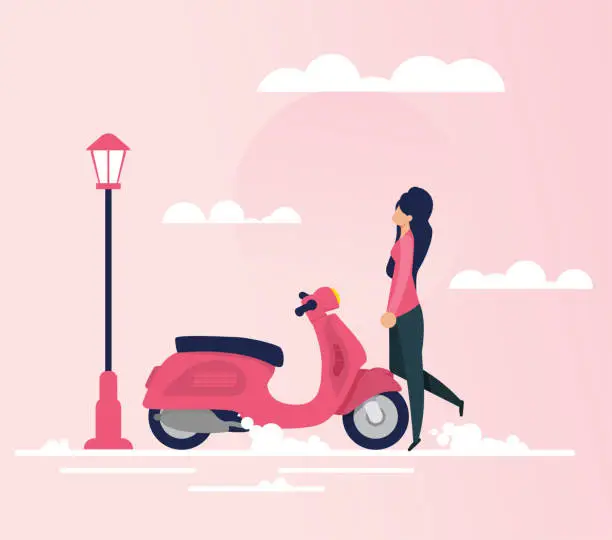 Vector illustration of Young Woman Going on Moped Trip Flat Illustration