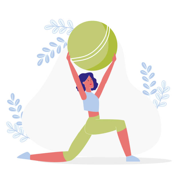 Flexibility Exercise, Workout Vector Illustration Flexibility Exercise, Workout Vector Illustration. Smiling Yoga Instructor in Sportswear Cartoon Character. High Forward Lunge with Stability Ball. Healthy Young Woman Working out. Pilates Training pilates stock illustrations