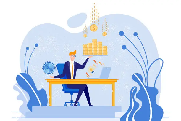 Vector illustration of Businessman Sitting at Table with Clock and Money.