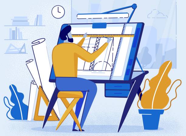 Man Architect Creator Drafting at Desk for Sketch. Man Architect Creator Drafting Flat Cartoon Vector Illustration. Architectural Desk for Sketching. Large Sheet Paper, Ruler Architect Workplace. Engineer Office Room Workshop. Creating Project. architect illustrations stock illustrations
