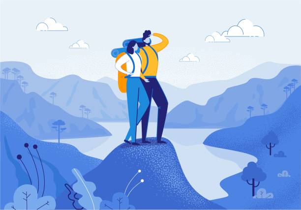 ilustraciones, imágenes clip art, dibujos animados e iconos de stock de joven mujer y hombre pareja senderismo en las montañas. - extreme sports adventure activity backgrounds