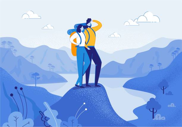 Young Woman and Man Couple Hiking in Mountains. Young Woman and Man Couple Hiking in Mountains Flat Cartoon Vector Illustration. Friend Characters with Racksack in Journey with River or Lake on Background. Boy Looking ahead. Trip or Adventure. person hiking stock illustrations