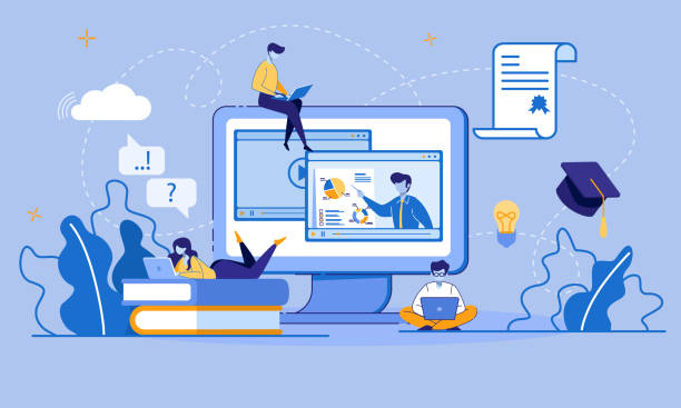 Online Education and E-Learning via Digital Device Online Education, E-Learning, E-Library via Digital Device. Educational Application, Video Tutorials. Cartoon Students Use Laptop and Wi-Fi. Electronic Graduation Certificate. Vector Flat illustration education training class illustrations stock illustrations