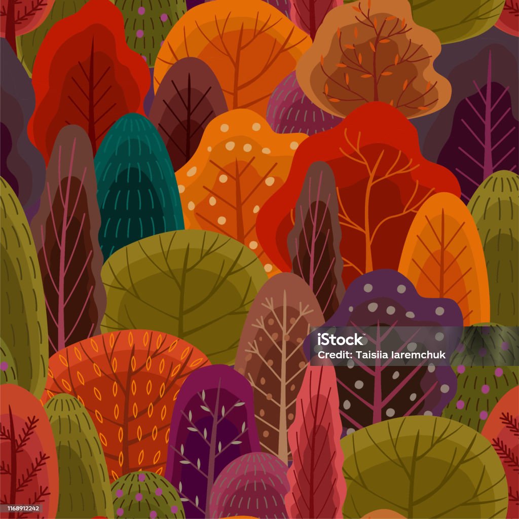 Fall Forest Pattern Autumn Forest Pattern Vector Seamless Texture Trendy Flat Style Stock ...