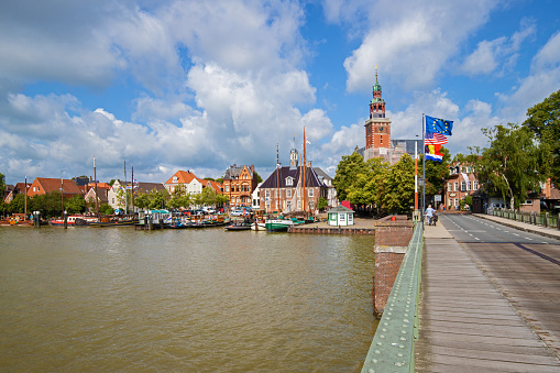City port of Leer (East Frisia) with town hall, Alter Waage, bridge and old town.