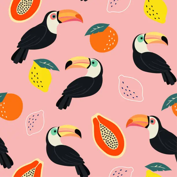 Vector illustration of Trendy pattern with toucan and abstract tropical fruits. Vector seamless texture.
