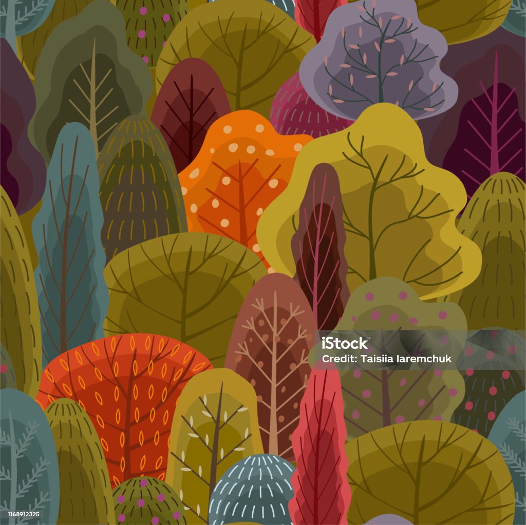 Fall Forest Pattern Autumn Forest Pattern Vector Seamless Texture Trendy Flat Style Stock ...