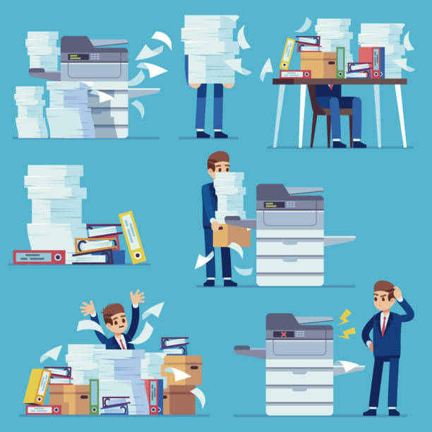 ilustrações de stock, clip art, desenhos animados e ícones de office documents copier. printer printing office papers, man with broken photocopier. lot of paperwork and bureaucracy flat vector set - stack damaged