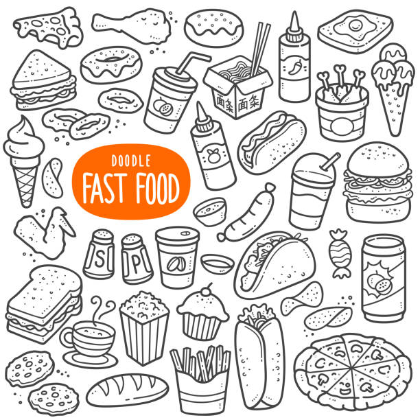 Fast Food Black and White Illustration. Fast food doodle drawing collection. Food such as pizza, burger, donuts, chicken wing, onion ring etc. Hand drawn vector doodle illustrations in black isolated over white background. lunch designs stock illustrations