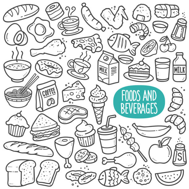 Foods and Beverages Black and White Illustration. Food and beverages doodle drawing collection. Food and beverages such as bread, egg, fruits, cookie, meat etc. Hand drawn vector doodle illustrations in black isolated over white background. meat clipart stock illustrations