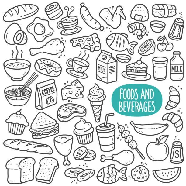 Vector illustration of Foods and Beverages Black and White Illustration.