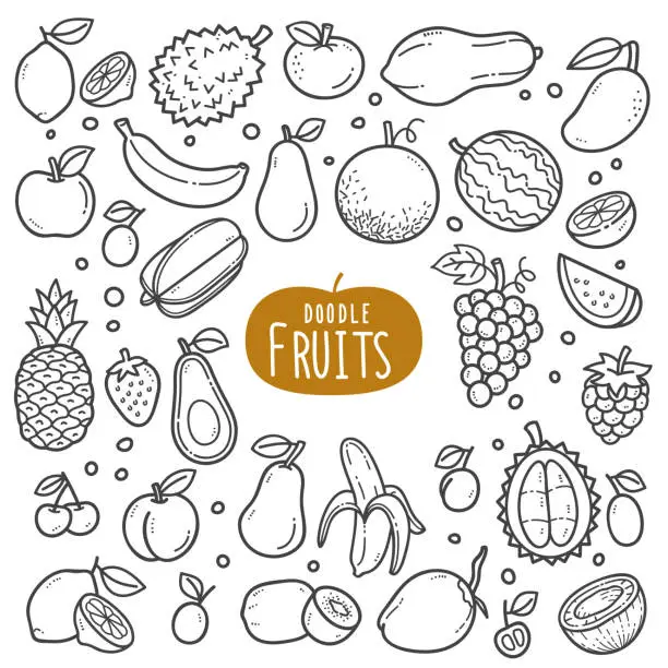 Vector illustration of Fruits Black and White Illustration.