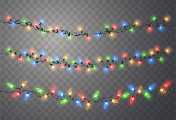 1clights Christmas lights set. Vector New Year decorate garland with glowing light bulbs. holidays and seasonal background stock illustrations