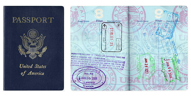 Passport with passport stamps from Nantes (France), Dominican Republic, USA and Mexico.