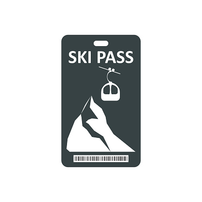 Ski pass icon. Winter sport concept, mountains and ski lift. Ski pass template with barcode. Vector illustration.