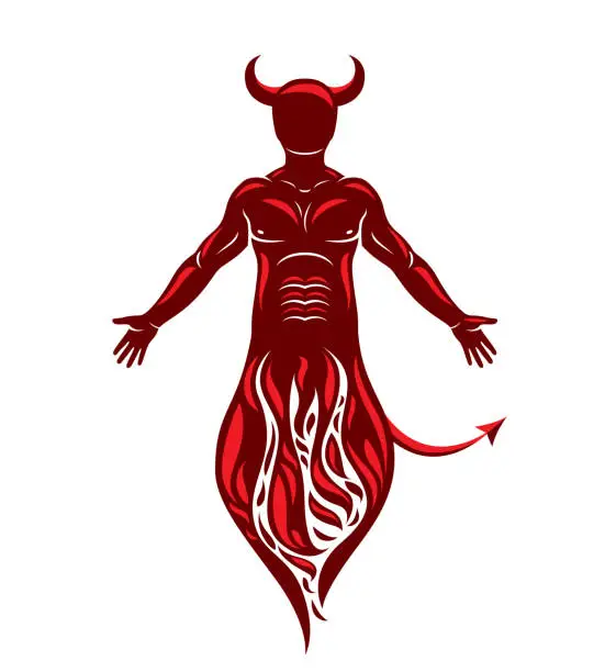 Vector illustration of Vector graphic illustration of muscular human derives from fire. Mystic infernal demon, horned Lucifer, evil forces.