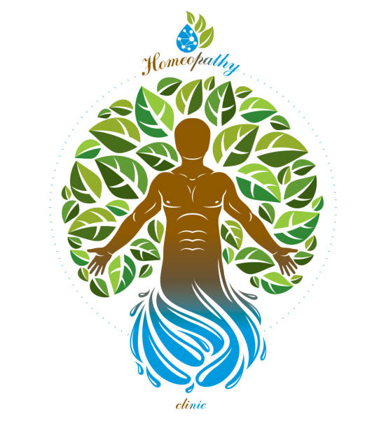 istock Vector graphic muscular human deriving from water wave and composed with green eco tree, self. Homeopathy creative illustration. 1168917670