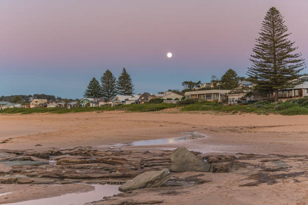 Clear Skies and Rocky Coastal Sunrise Capturing the sunrise from North Avoca Headland on the Central Coast, NSW, Australia. avoca beach photos stock pictures, royalty-free photos & images