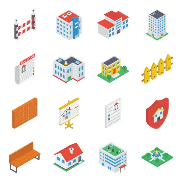 Vector illustration of Buildings Accessories Isometric Icons Pack