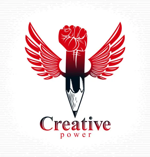 Vector illustration of Strong design or art power concept shown as a winged pencil with clenched fist combined into symbol, vector creative conceptual icon for designer or studio.