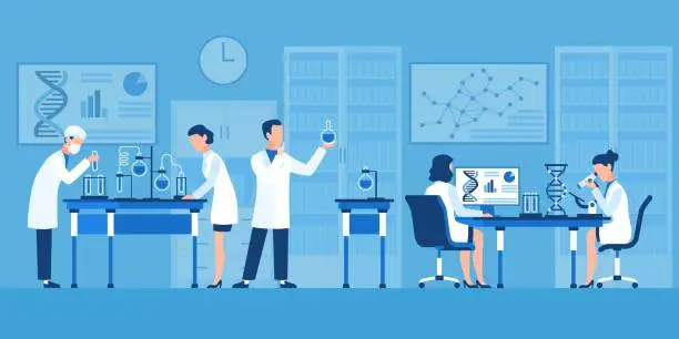 Vector illustration of Scientists characters. Chemists in pharmaceutical lab, research with medical equipment. Clinical test with microscope vector concept