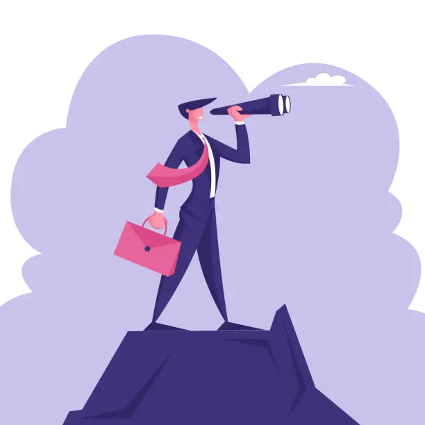 Vector illustration of Businessman with Briefcase in Hand Stand on Mountain Top Watching to Spyglass. Business Vision, Recruitment Employee, Business Character Visionary Forecast Prediction. Cartoon Flat Vector Illustration