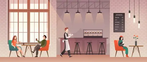 Vector illustration of People in coffee shop. Friends meet and drink coffee and relax in coffeehouse. Guys talk with happy barista. Flat vector illustration