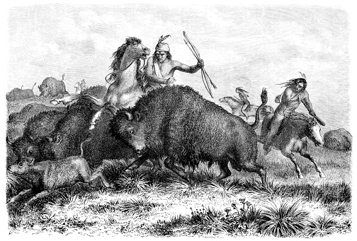 Native americans hunting buffalos with bow and arrow 1862
Original edition from my own archives
Source : 