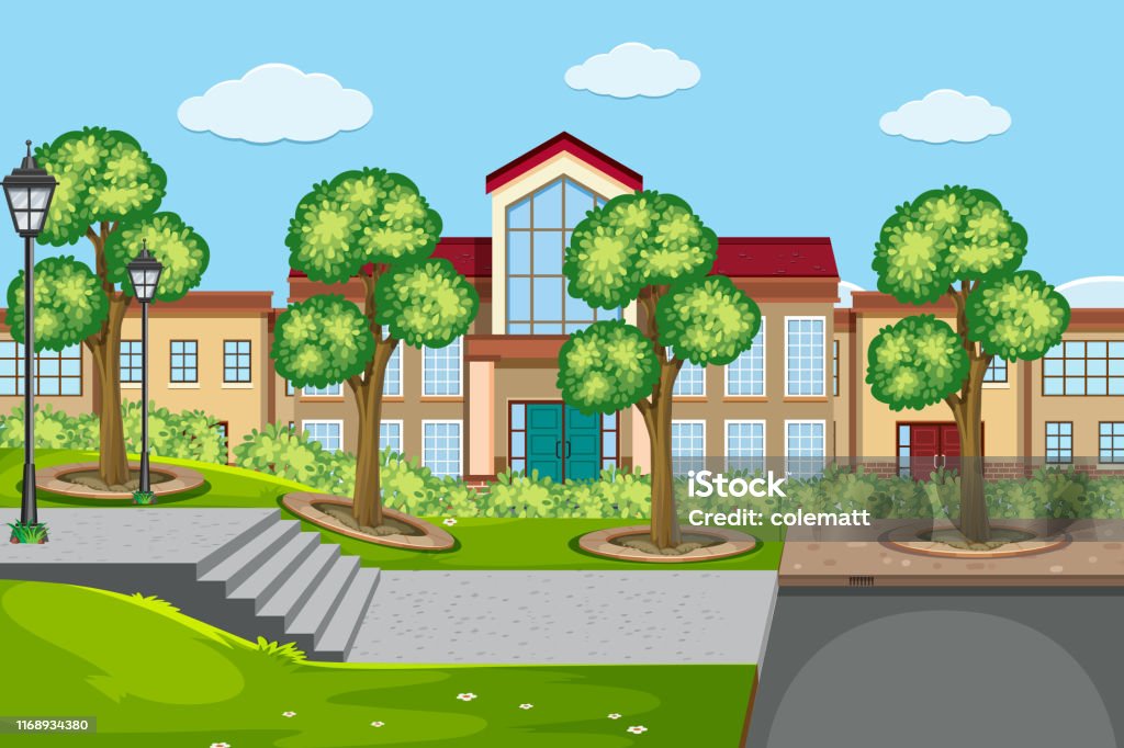 An Outdoor Scene With School Building Stock Illustration - Download Image  Now - Backgrounds, Climate, Clip Art - iStock