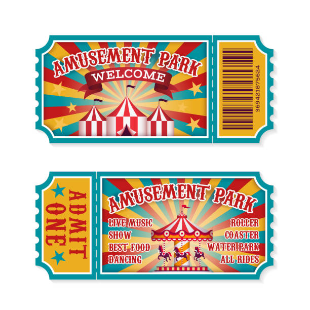 Amusement park ticket. Family park attractions admission tickets, fun festival vintage event receipt. Fair raffle coupons. Vector set Amusement park ticket. Family park attractions admission tickets, fun festival vintage event receipt. Fair raffle coupons. Vector summer poster for child invitation carousel or theater set school fete stock illustrations